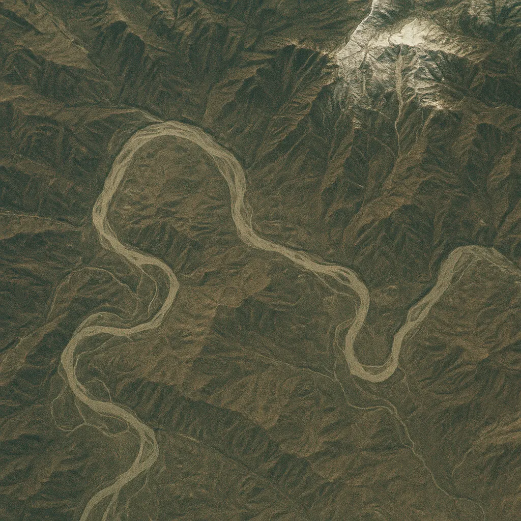 Mountain watershed in the Tian Shan, visible snowmelt feeding river system. Satellite photograph, Central Asia, 1995.