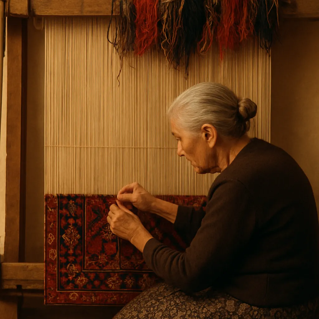 Turkmen woman weaving a traditional carpet, wool and natural dyes, Ashgabat, 1989.