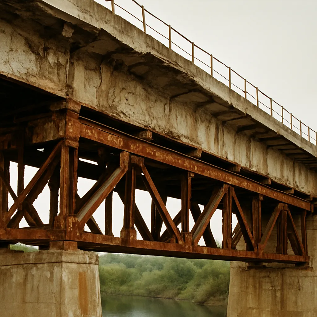 Soviet-era railway infrastructure, Tajikistan, 1990s. Metal and reinforced concrete, showing corrosion and weathering.