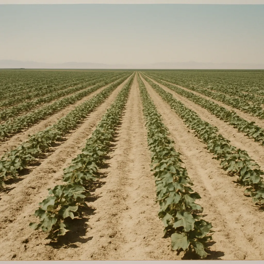 Cotton field in the Fergana Valley, Uzbekistan, mid-1990s. Irrigated monoculture across vast acreage.