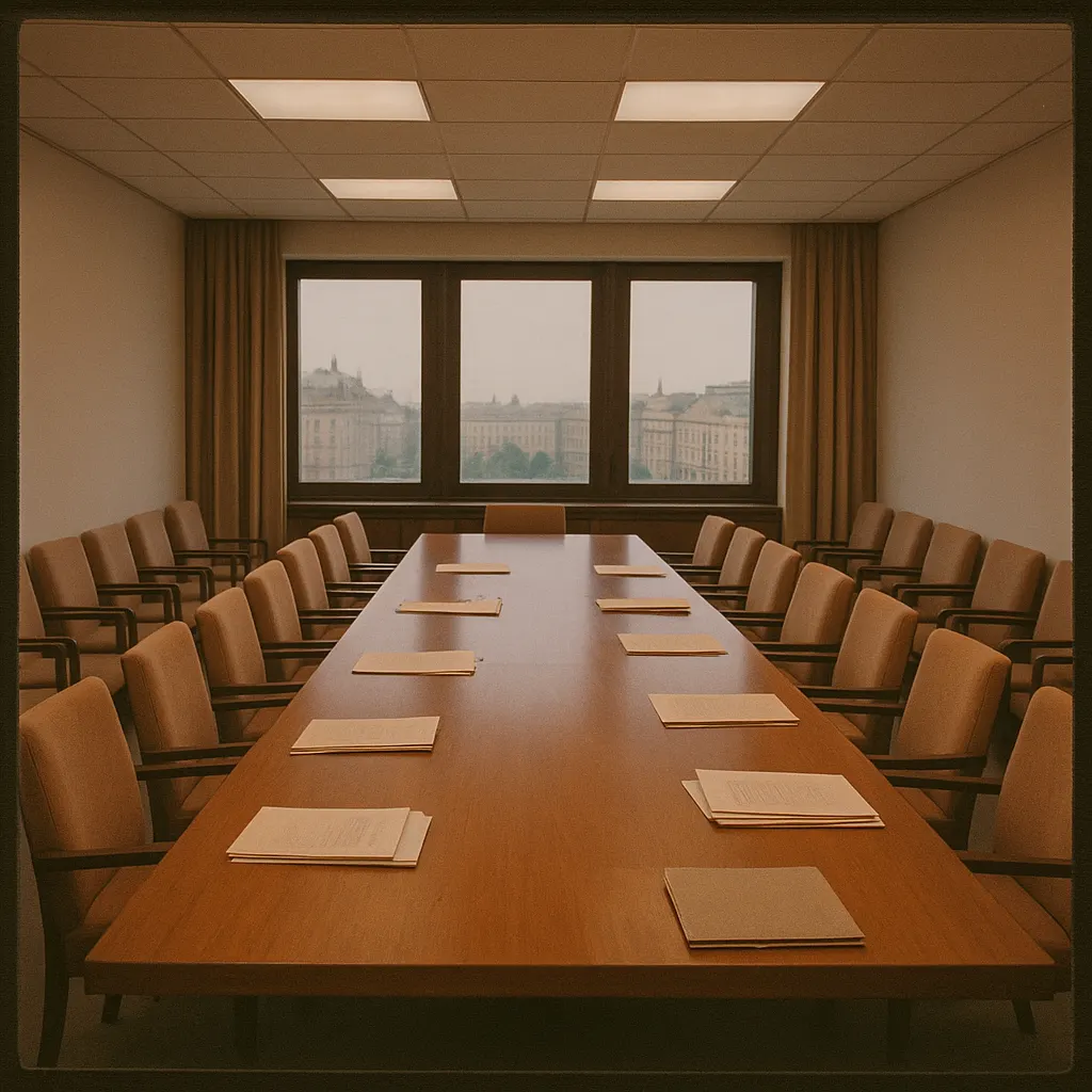 Vienna conference room, circa 1992. Institutional furnishings for multilateral negotiation.