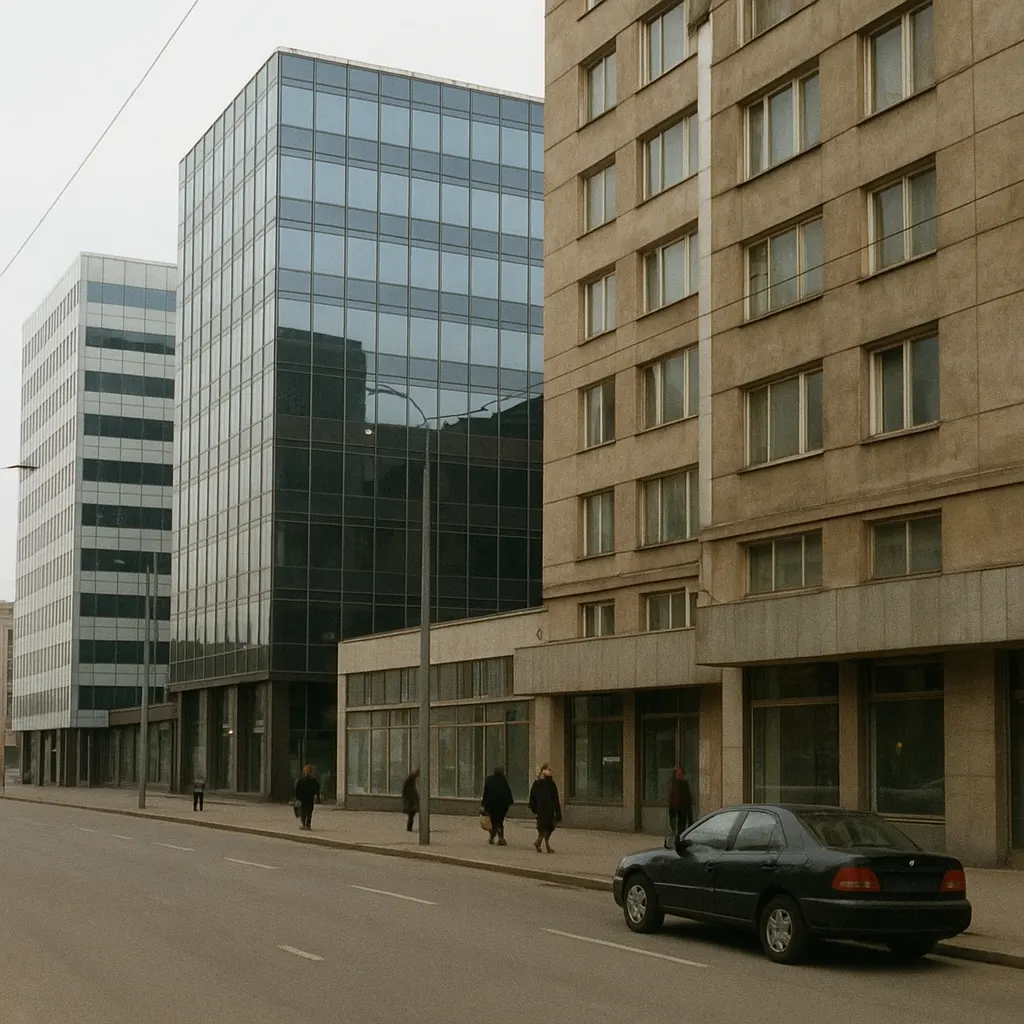 Commercial district with new office construction, Almaty. Photograph, 2003-2007.