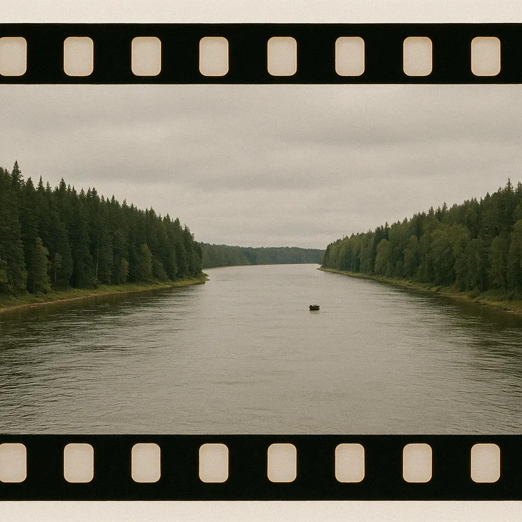 Amur River at the boundary, 1996. Water, coniferous forest, overcast light.