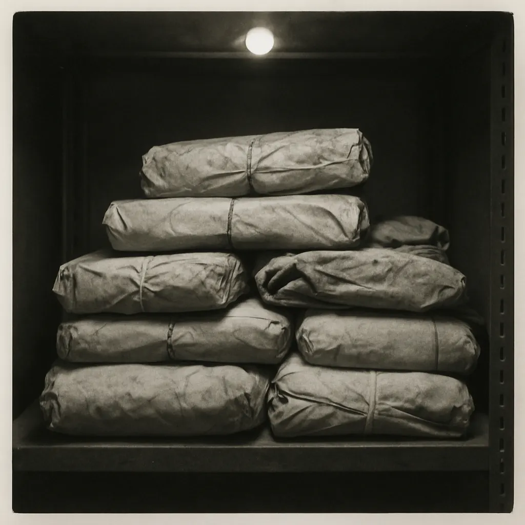 Sterilized surgical instruments in disposable packaging, hospital storage, circa 1960.