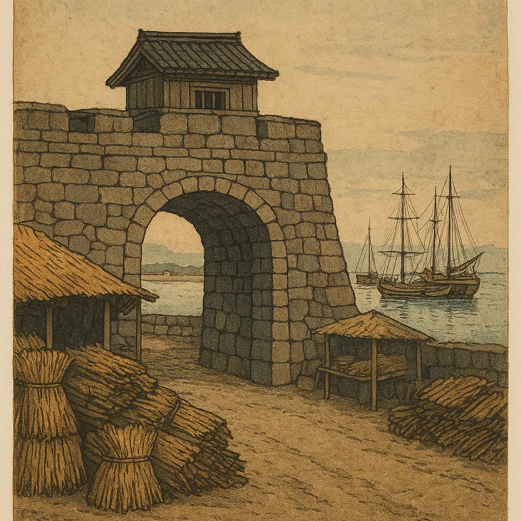 Red Sea port, mid-seventeenth century. Woodblock print with hand colouring.