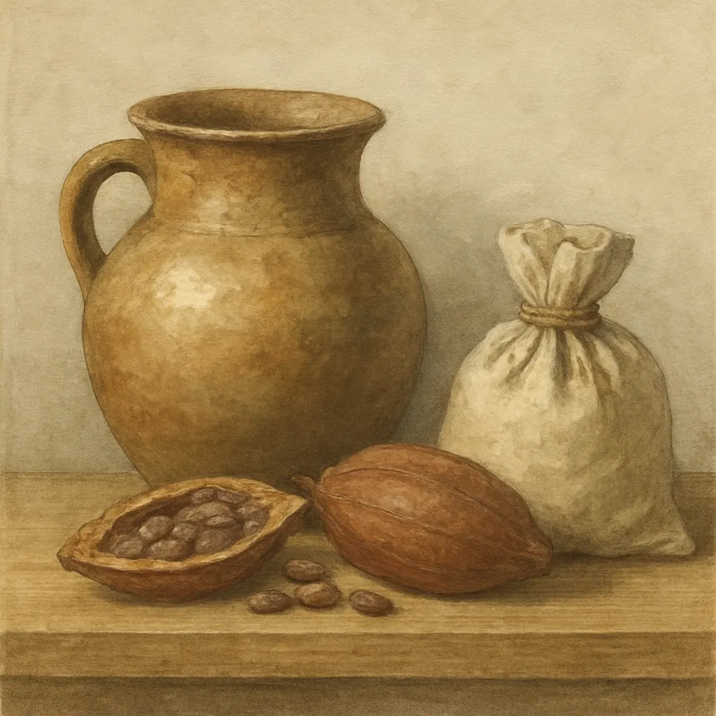 Cacao preparation vessel and pods, Spanish Caribbean, seventeenth century. Watercolour.