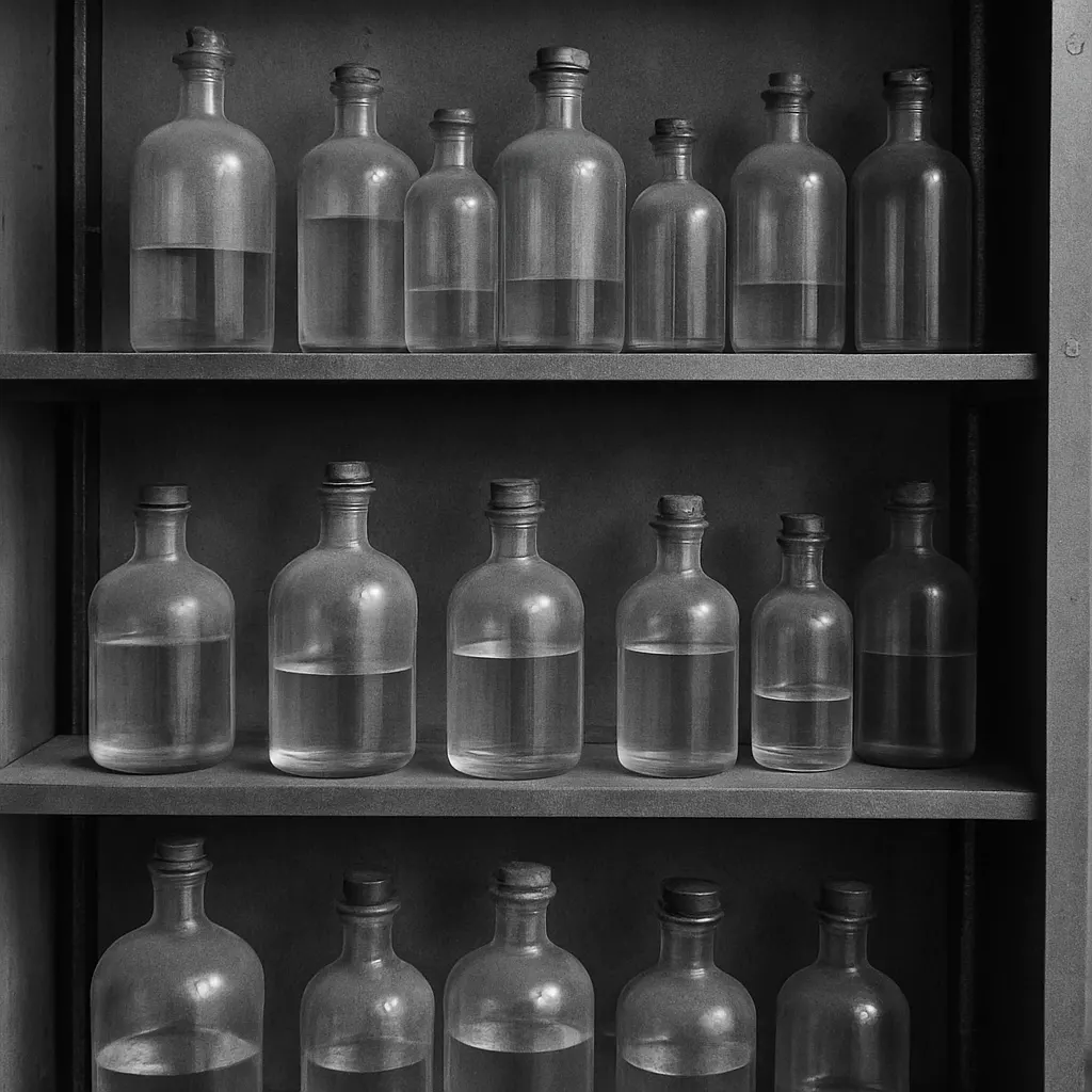 Serum storage bottles, pharmaceutical laboratory, circa 1955.