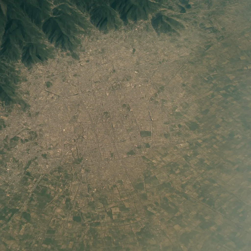 Satellite view of city and surrounding northern plain, December 2002.