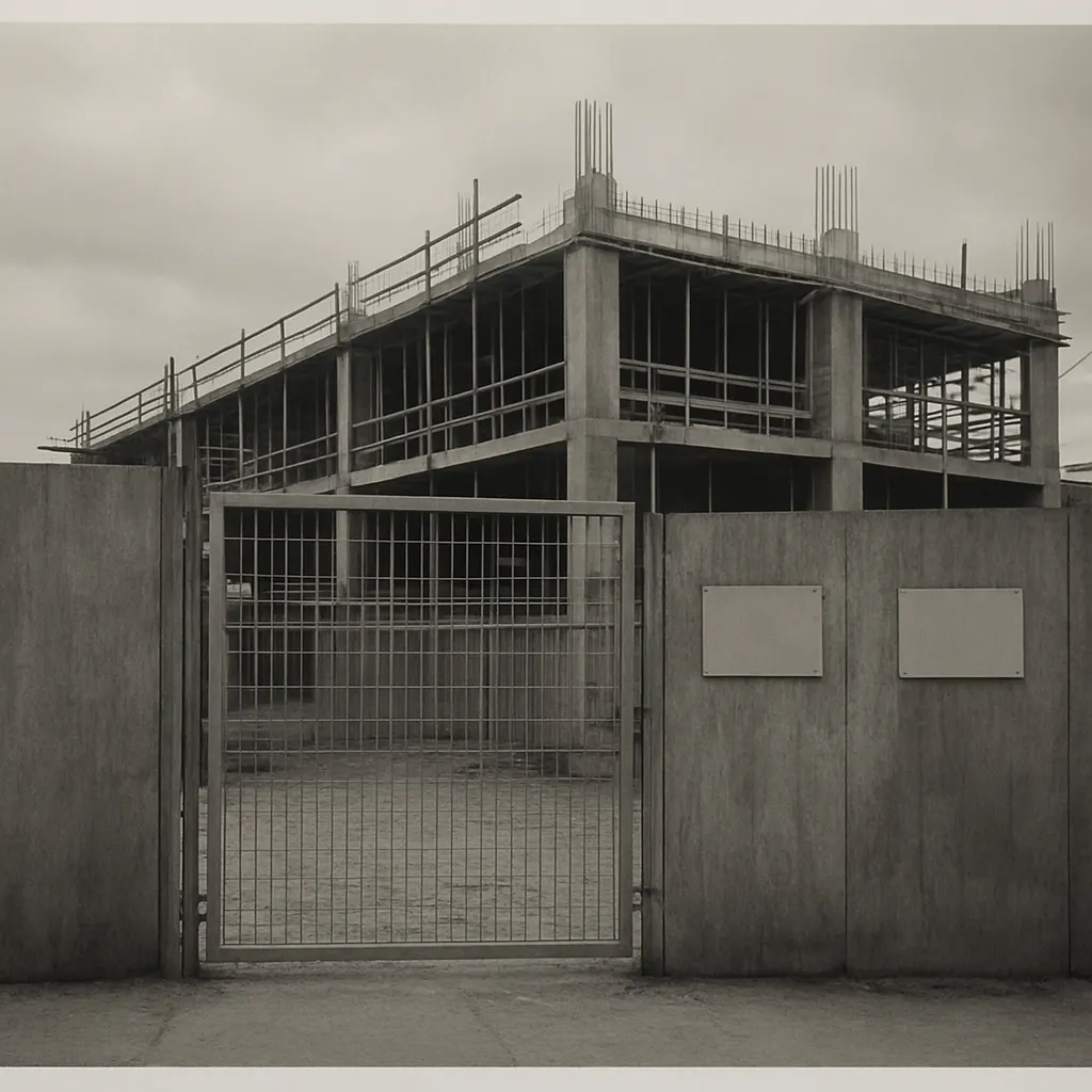 Beijing construction site, mid-1990s, showing exposed structural work and temporary safety barriers.