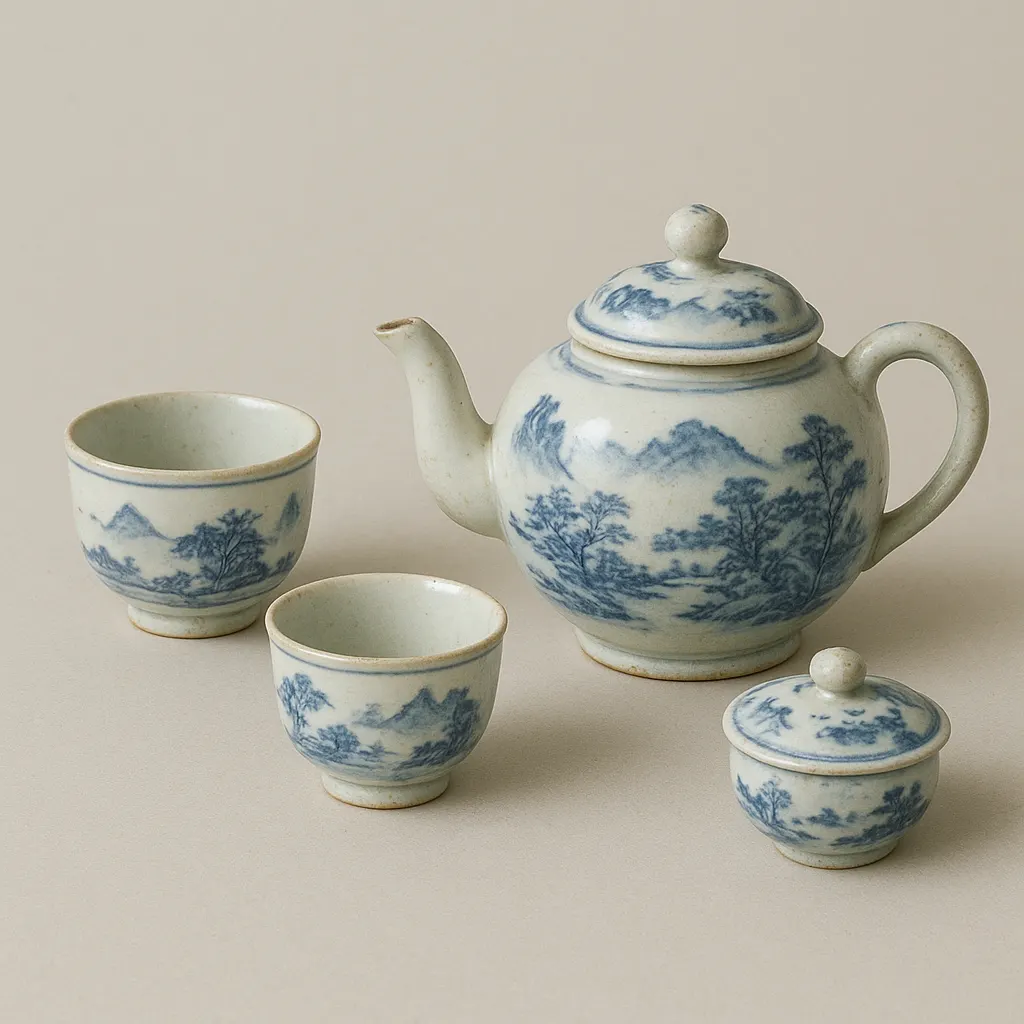 Chinese porcelain tea service for export, circa 1685. Underglaze blue on porcelain.