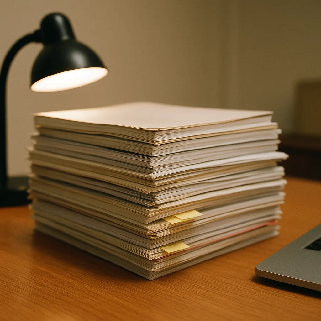 Law review journals and manuscripts, photograph, United States, 2025.