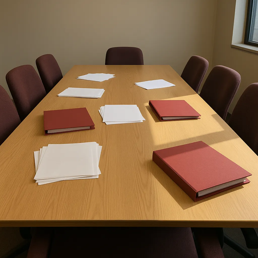 Boardroom during deposition discovery, 2024. Conference table, office furnishings, documentary materials.