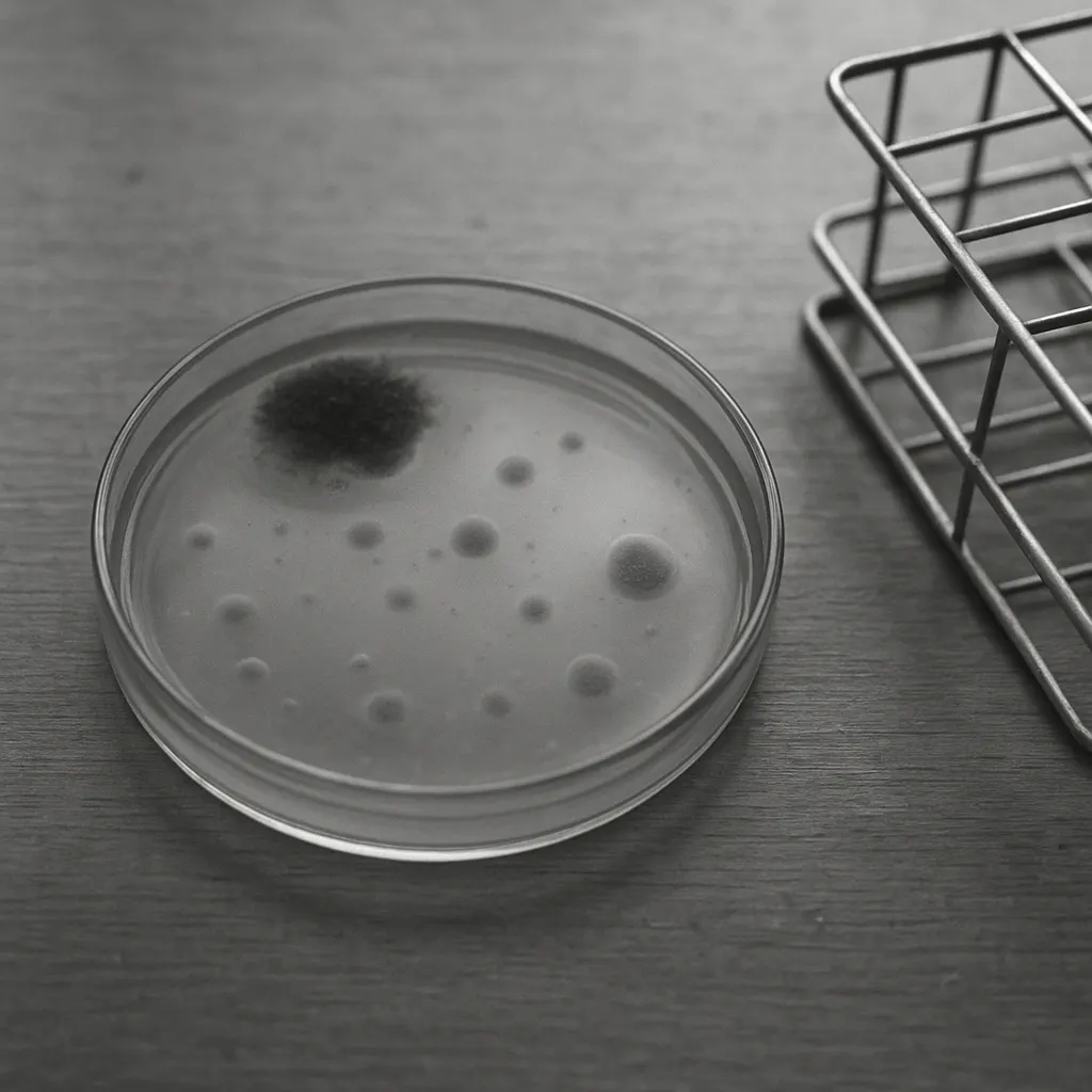 Contaminated bacterial culture plate, London, 1928. Agar medium showing cleared zones adjacent to mold growth.
