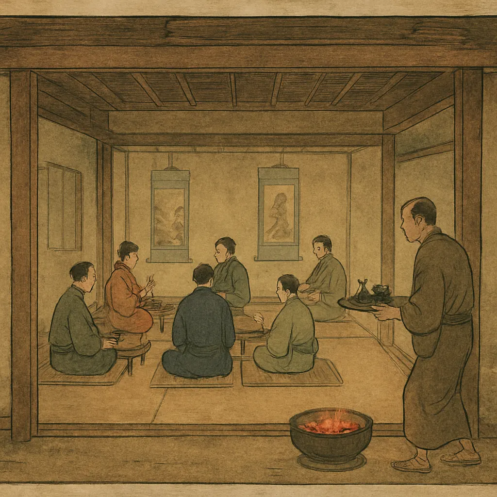 Teahouse interior, hand-coloured woodblock print, Japan, circa 1700.