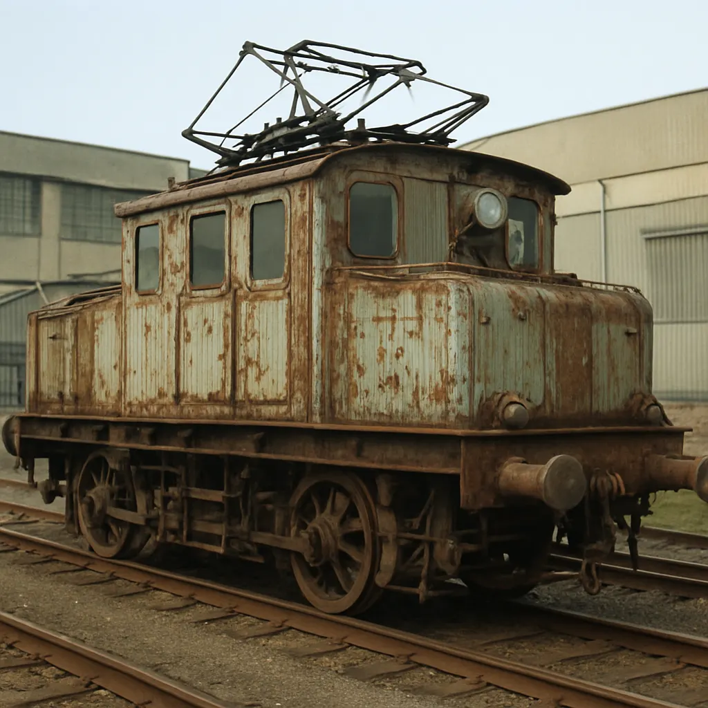 Deteriorated Nasser-era electric locomotive, Egyptian railways. Photograph, 1987.