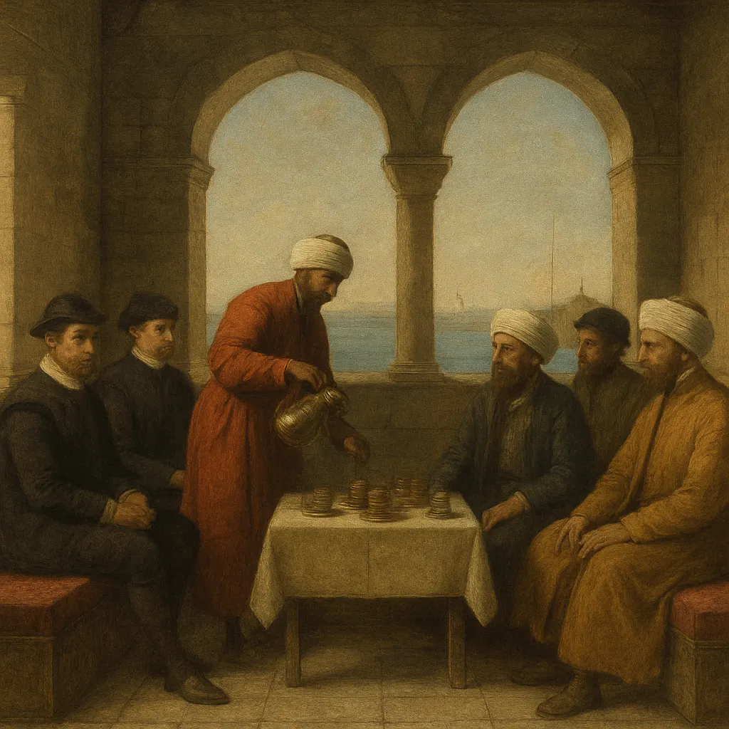 English and Ottoman merchants meeting in a sherbet house, Eastern Mediterranean port, circa 1575.