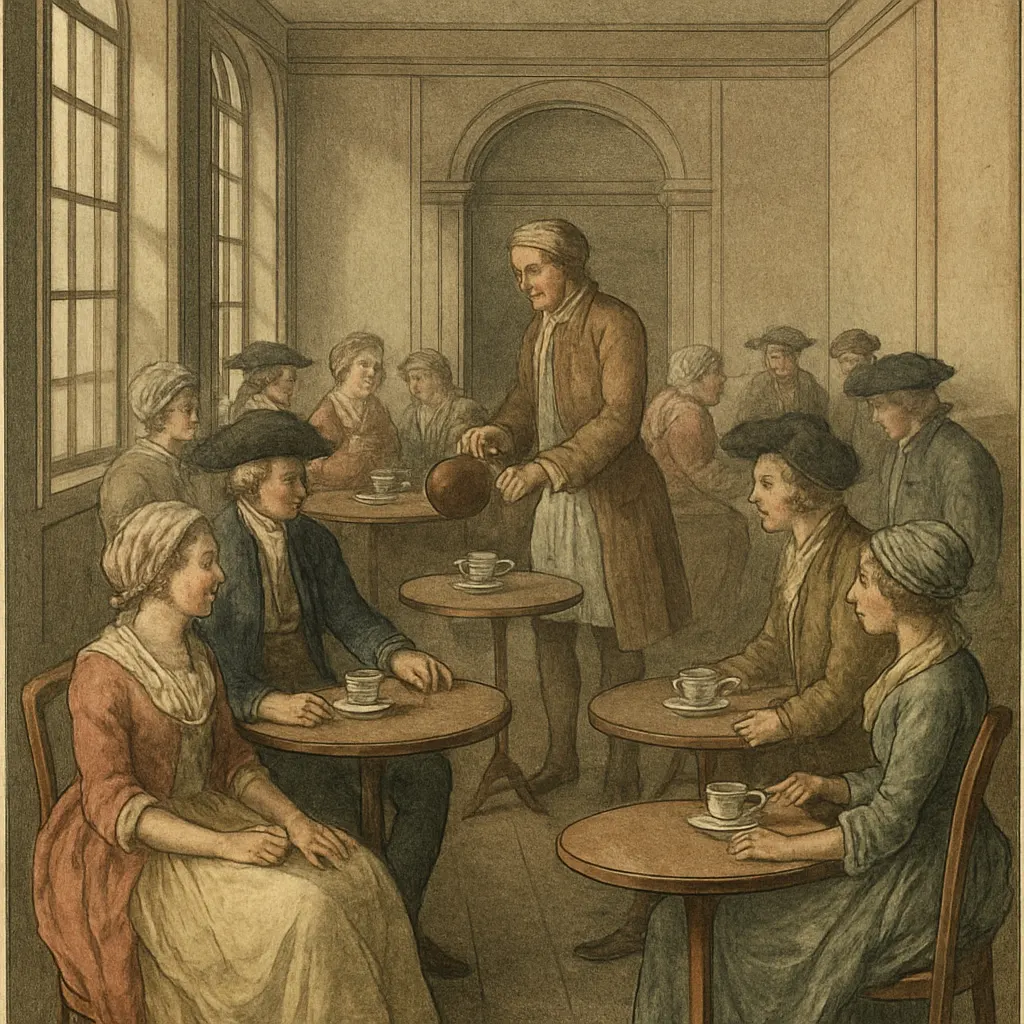 English teahouse interior, circa 1730. Hand-coloured engraving.