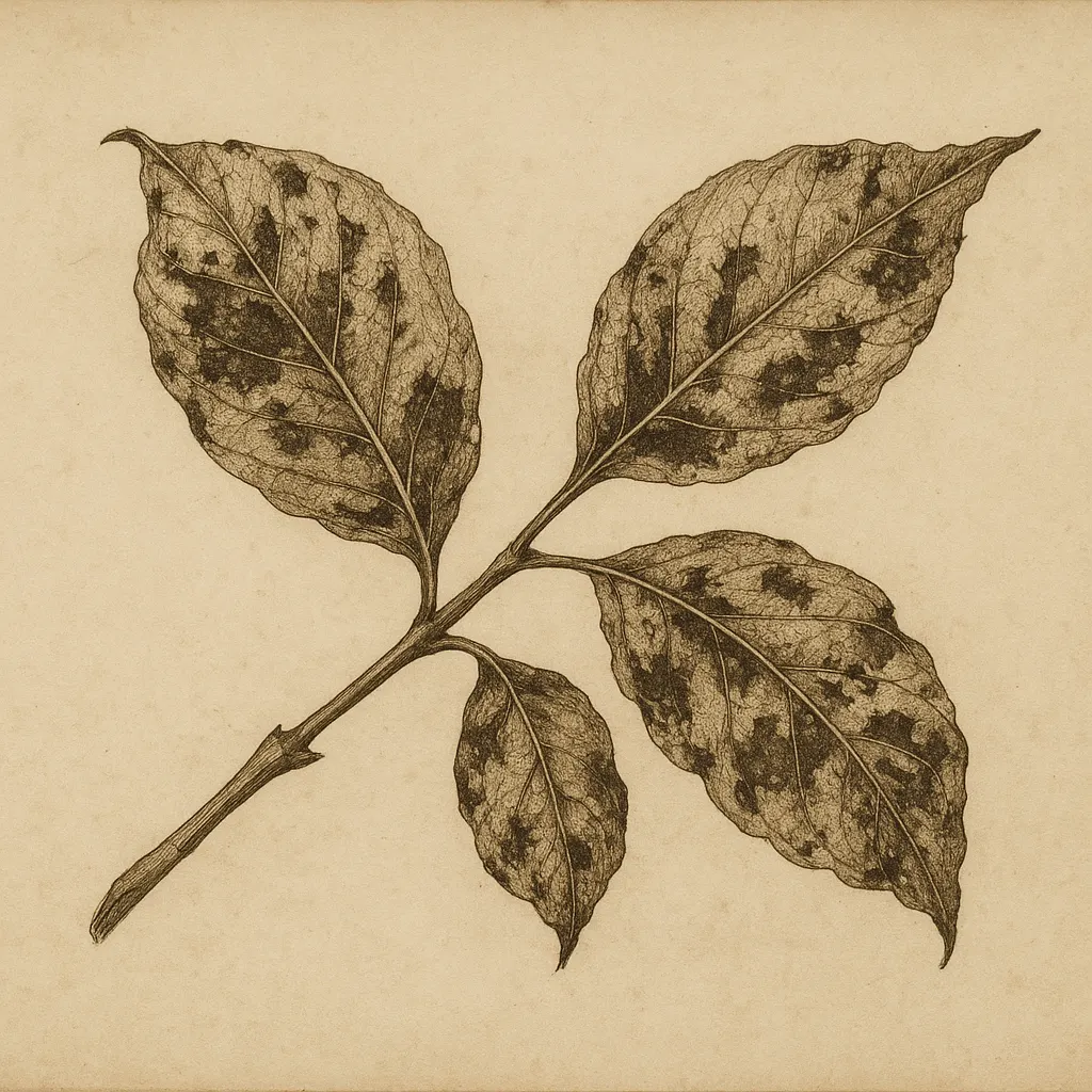 Diseased coffee plant with fungal blight damage, ink drawing, 1550s.