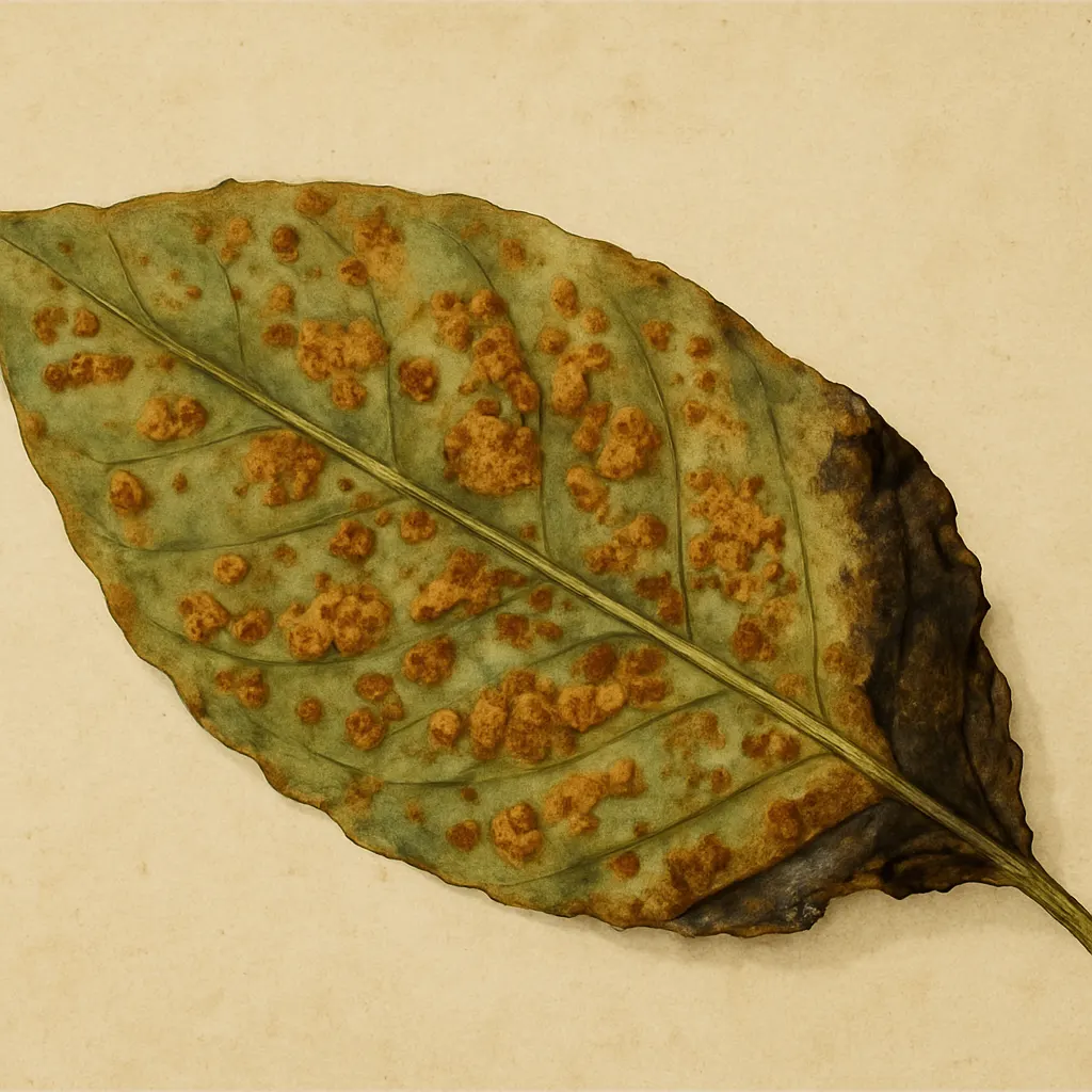Coffee leaf infected with rust fungus, botanical study, watercolour, Ethiopian highlands, mid-16th century.