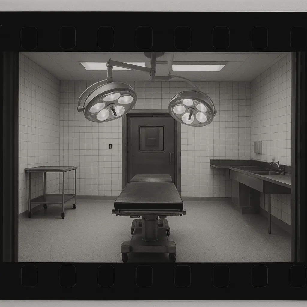 Operating theatre with airlocked entrance, Berlin Teaching Hospital, circa 1965. Tile, steel, sealed concrete.