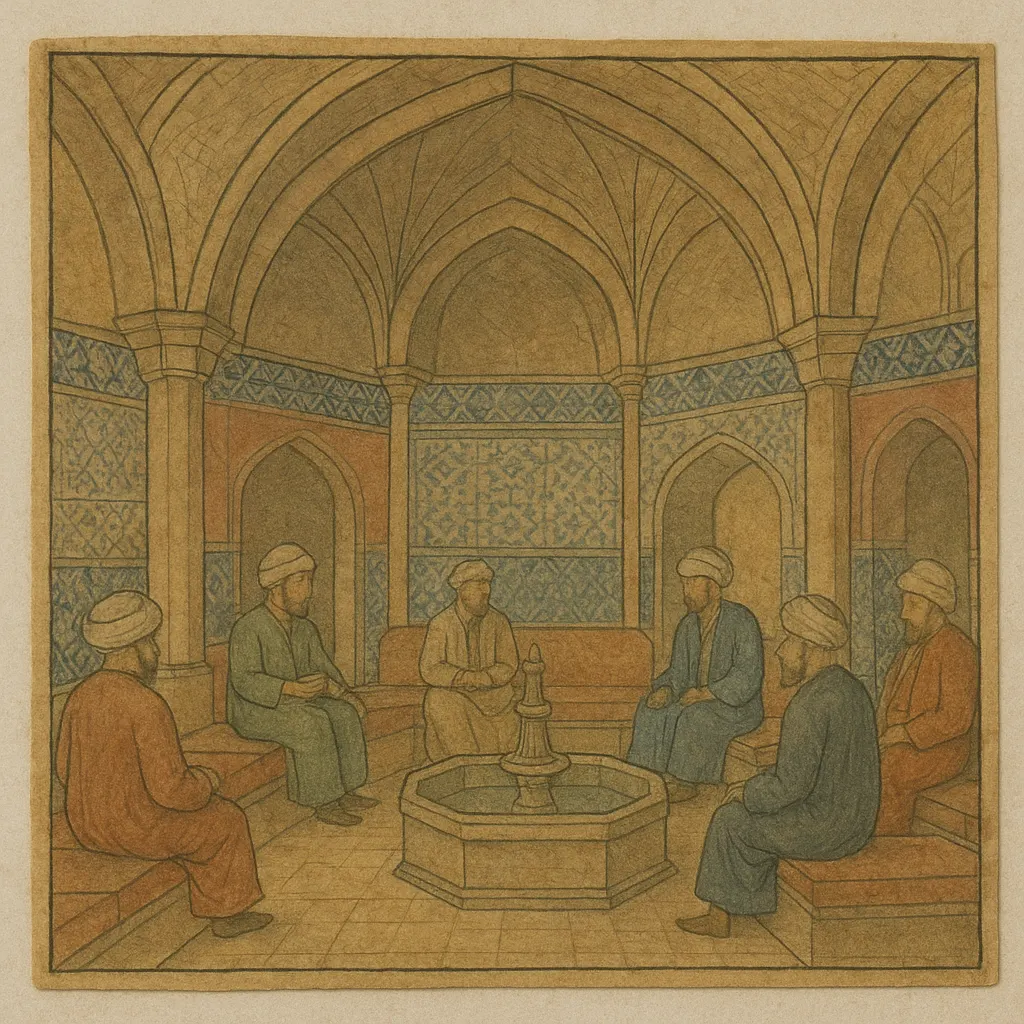 Interior of a sherbethane with patrons at leisure, woodblock print, hand-coloured, Ottoman, circa 1680.