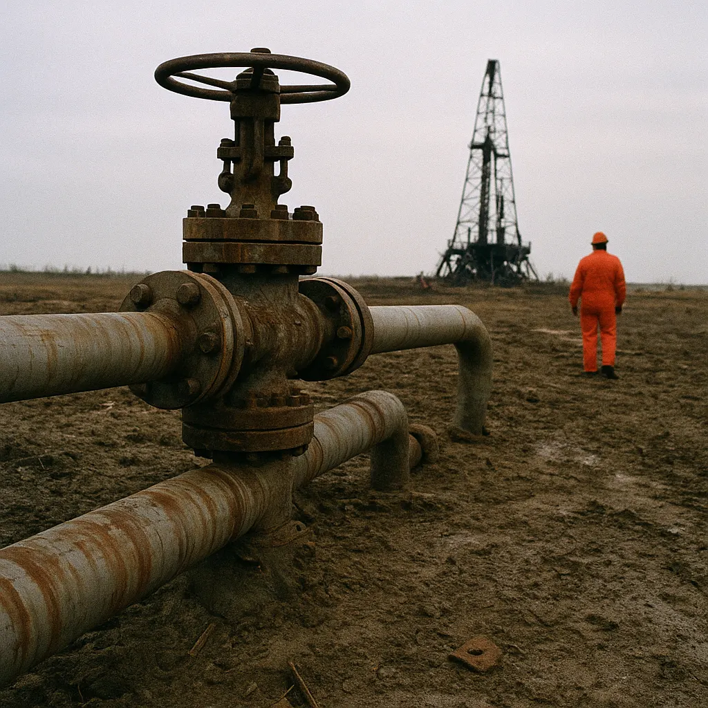 Oil pipeline infrastructure and extraction site, Kamarov zone, 1998. Steel, rust, equipment. Western Siberia.