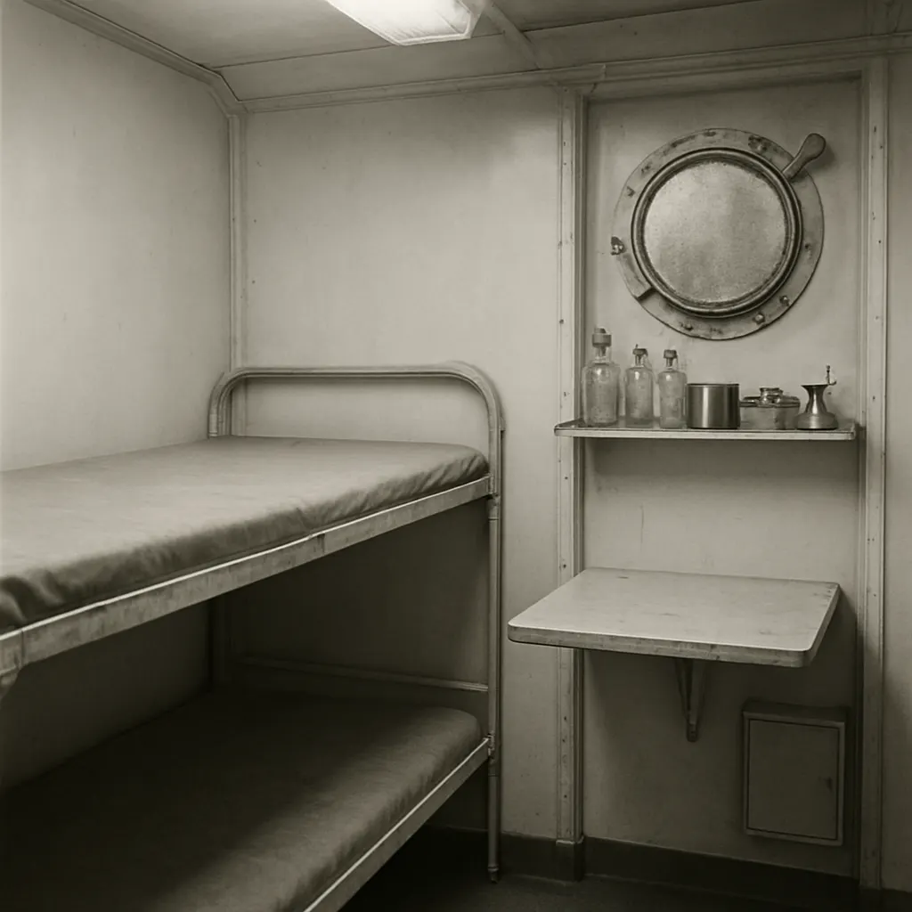 U-boat infirmary, interior view. Metal fixtures and canvas bunk, approximately 1943.