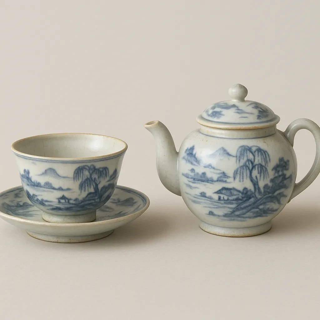 Chinese porcelain teacup, saucer, and teapot with blue decoration, late seventeenth-century import to London.