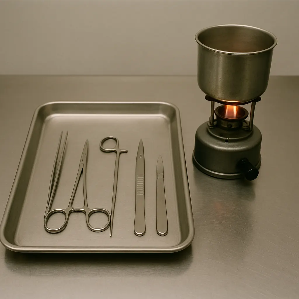Surgical sterilization equipment in a clinic without autoclaves, 1999. Colour photograph.