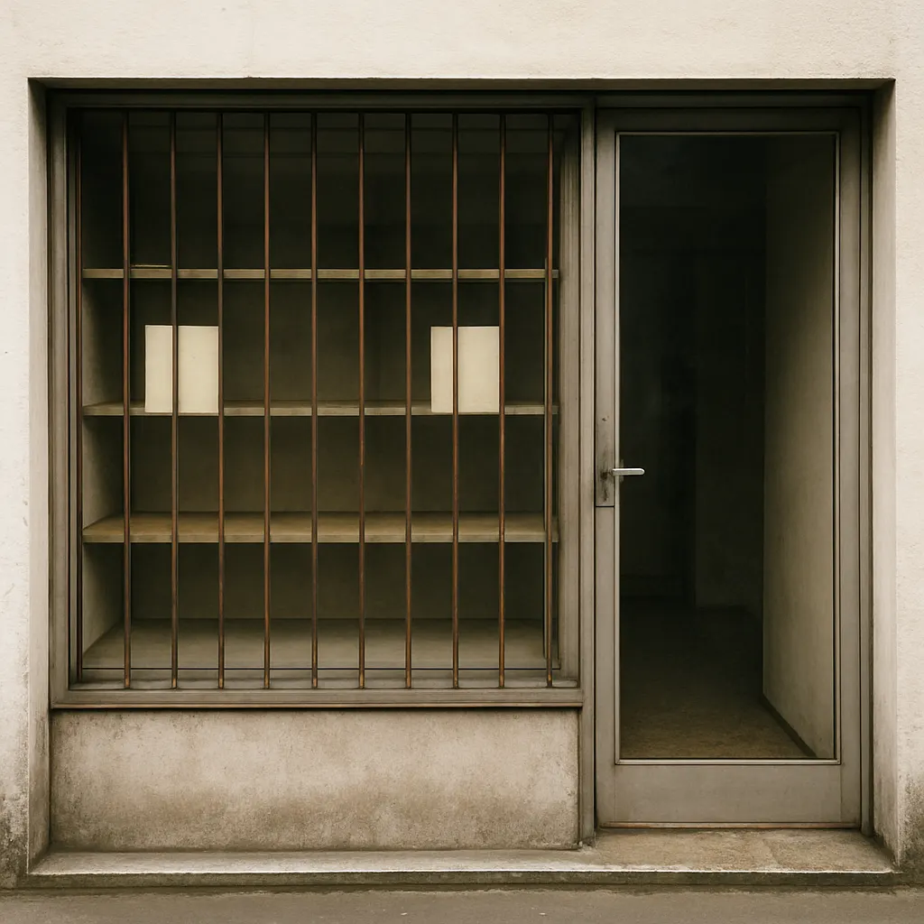 Shuttered shop frontage, central Minsk, late 1990s. Photograph.