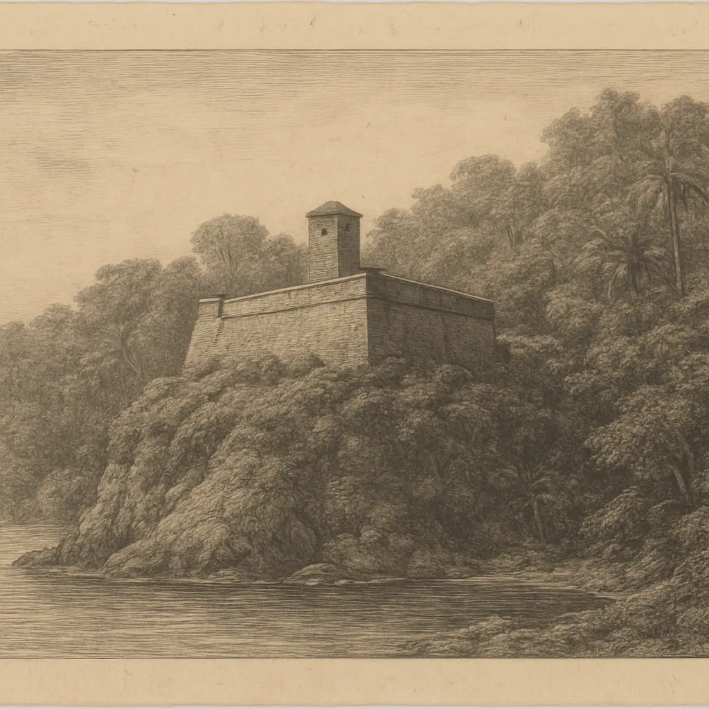 Portuguese fort on a tropical island anchorage. Engraving, sixteenth century.