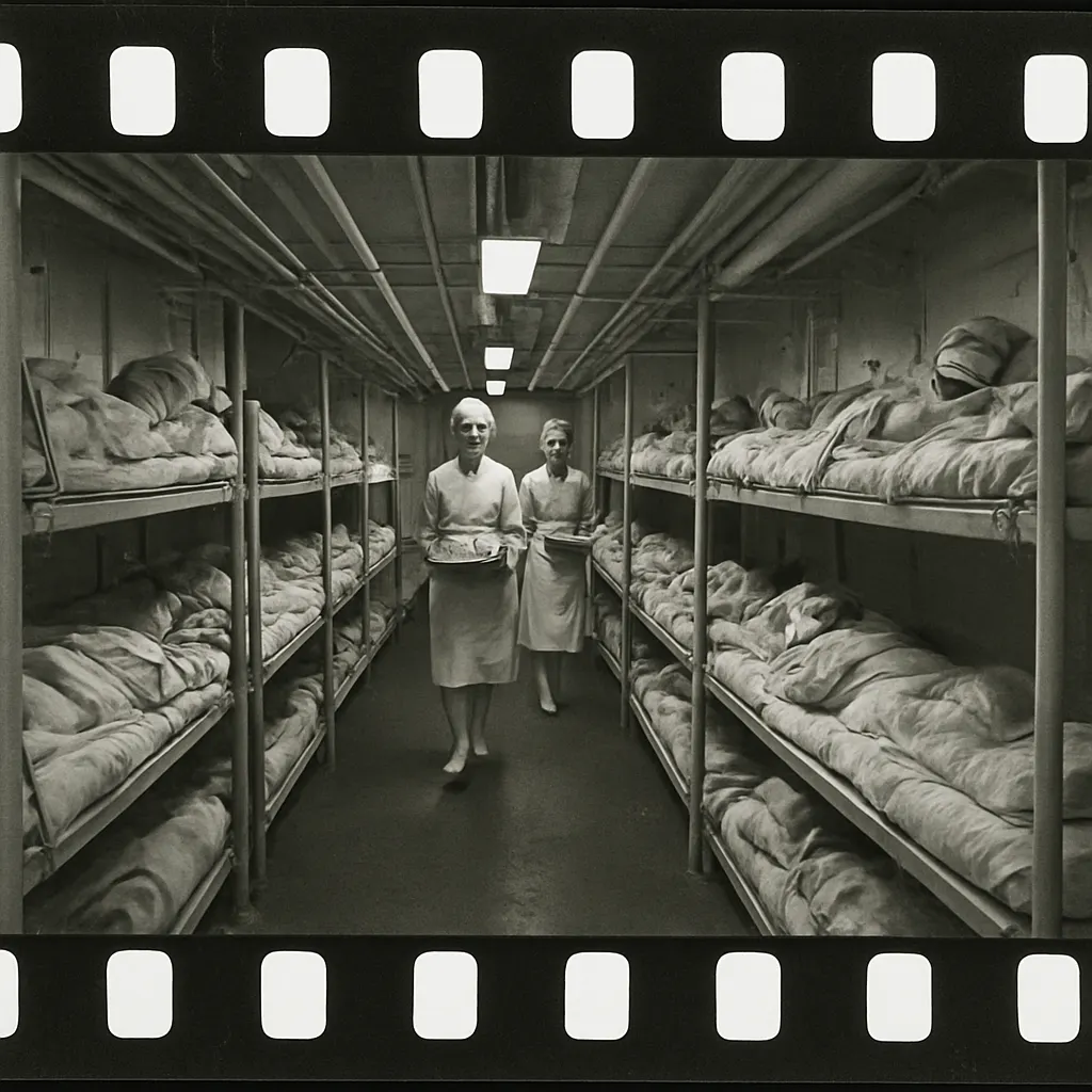 Hospital ship ward, southern England, June 1944. Stacked bunks, bandaged patients, orderlies.