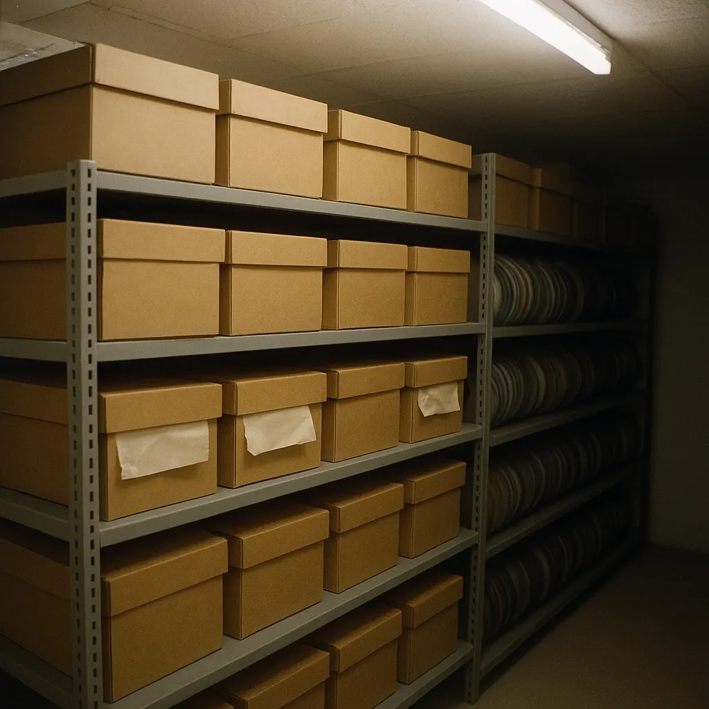Archive storage in the Vienna Monitoring Office, showing original tape reels and cassettes before 2018 digitisation.