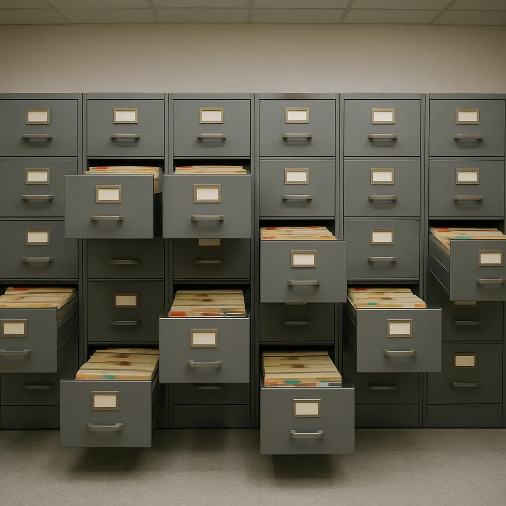Metal filing cabinets housing the Repertoire system classification, Turkish Prime Ministry Ottoman Archives, 1980s. Colour photograph.