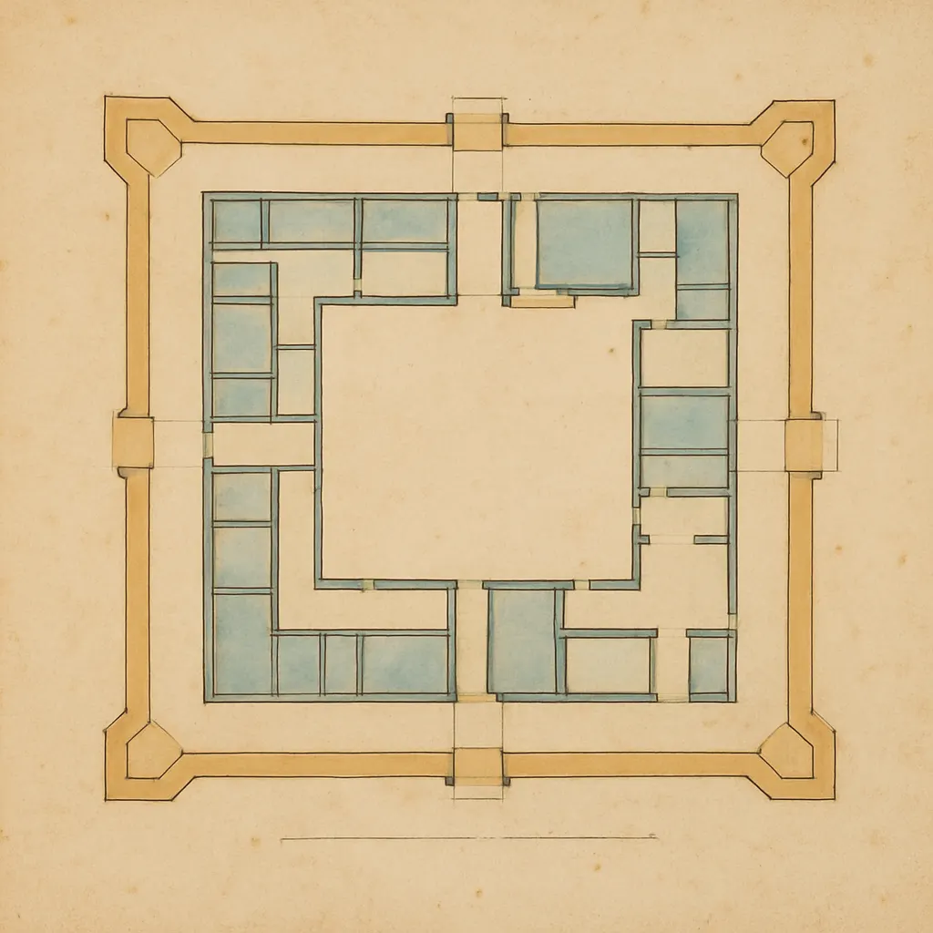 Plan of a provincial military garrison and supply depot, Ottoman Ministry of War records, circa 1840s. Coloured ink and watercolour on paper.