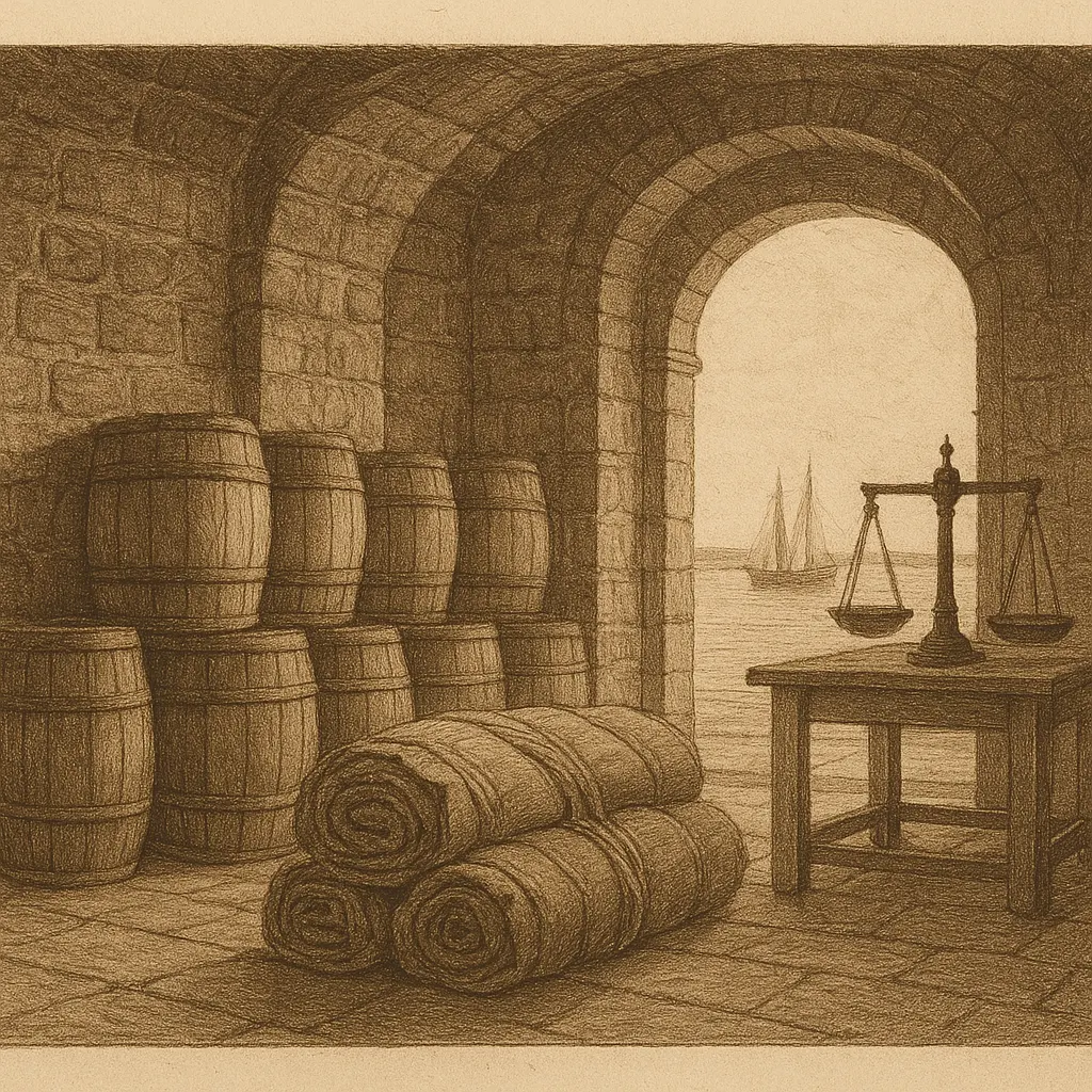 Persian port warehouse storing textiles and goods, circa 1620.