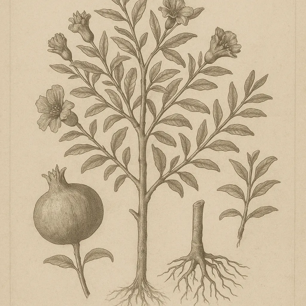 Pomegranate tree with grafting detail. Engraving, hand-coloured, France, circa 1760.
