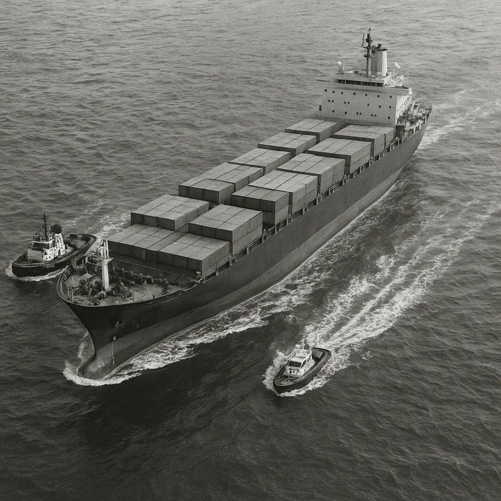 Container ship under pilotage in the canal, circa 1985. Black-and-white 35mm photograph.