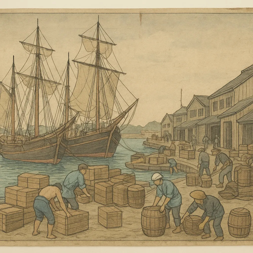 Levantine port with merchant vessels loading trade goods, Syrian coast, seventeenth century. Woodblock print, hand-coloured.