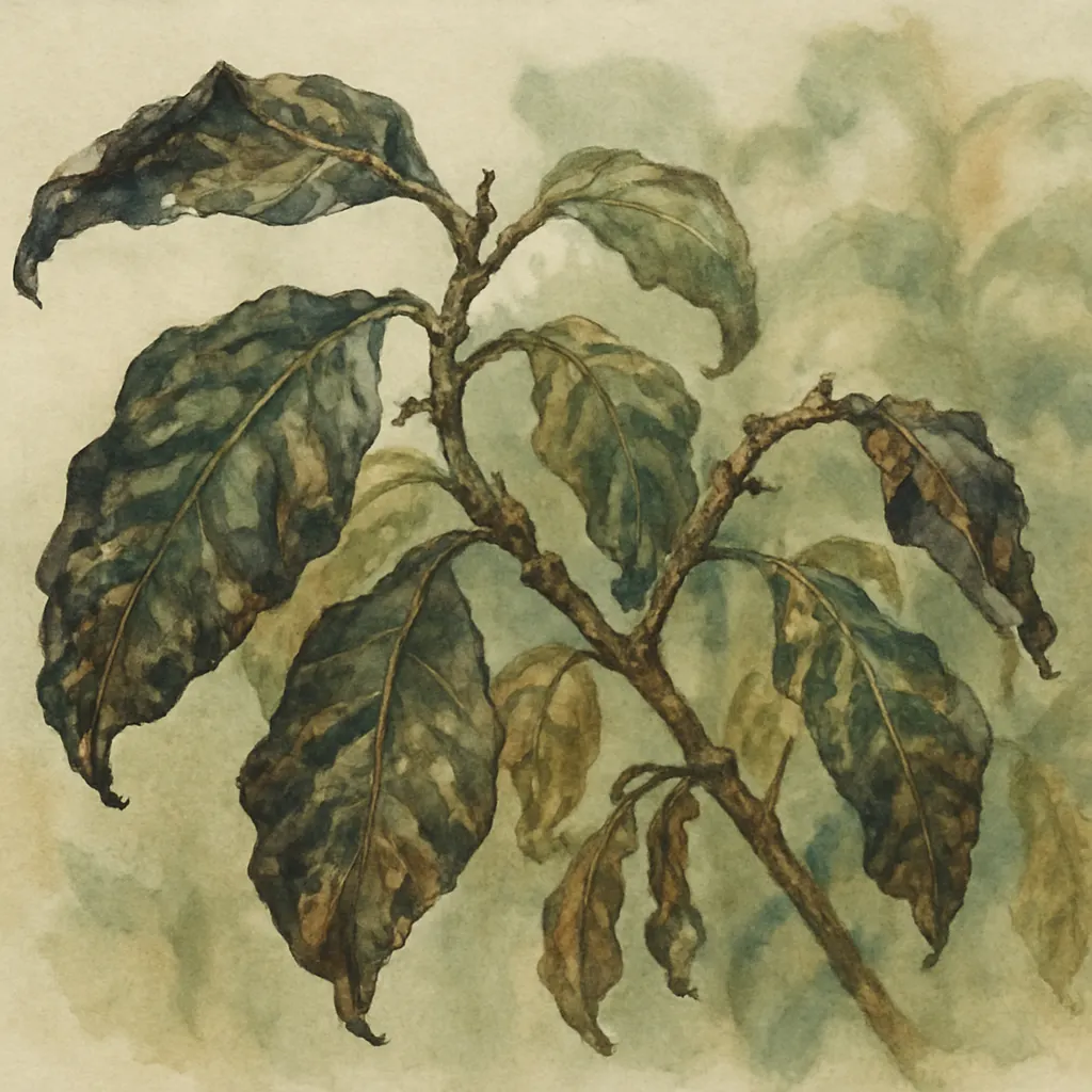 Diseased coffee plants showing leaf rust, c. 1595. Watercolour on paper.
