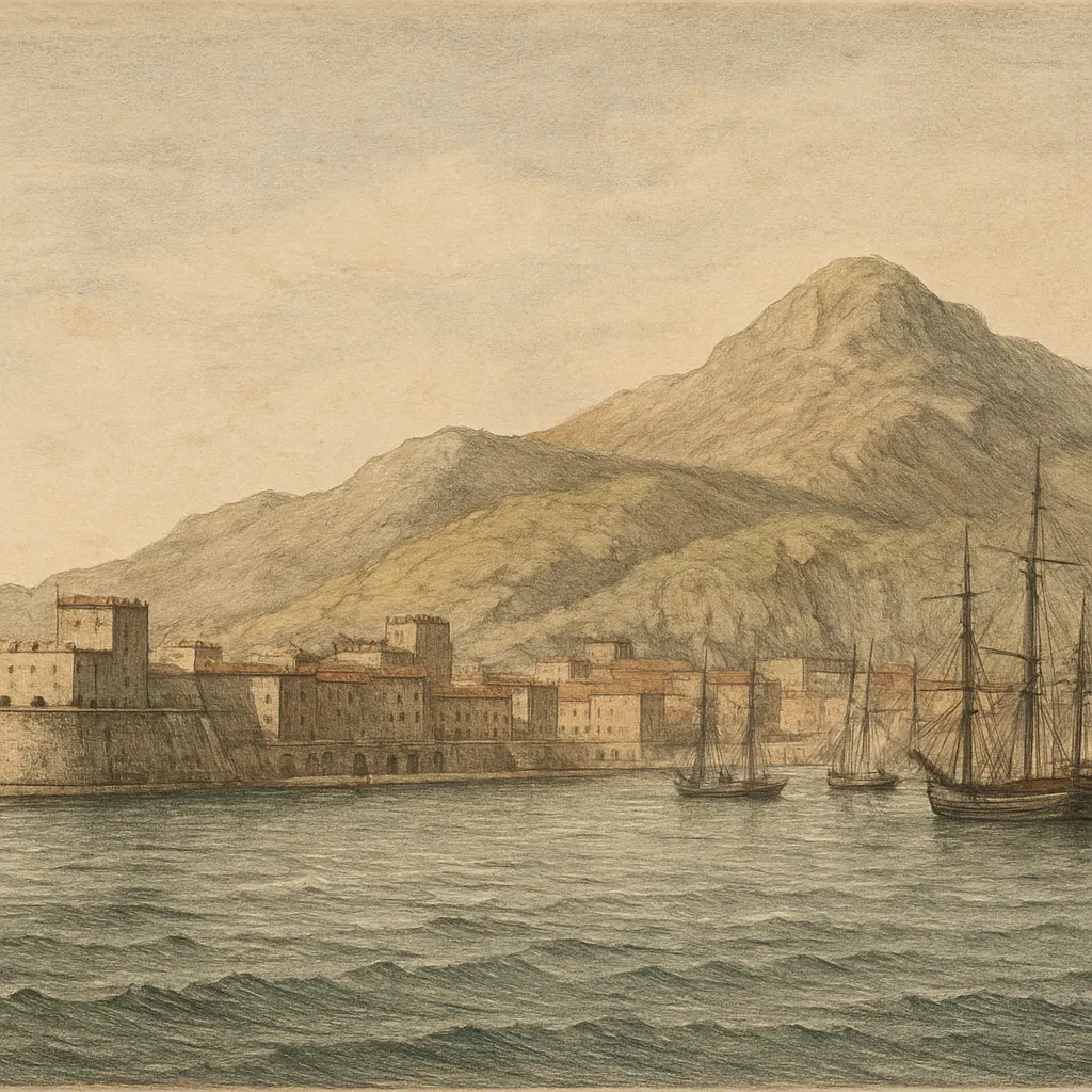 Port of Aden, hand-coloured engraving, late eighteenth century.
