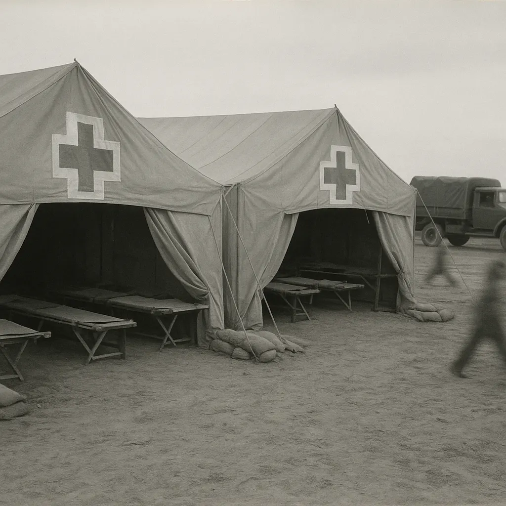 Casualty clearing station, temporary canvas construction, European theater, 1944. Photograph.