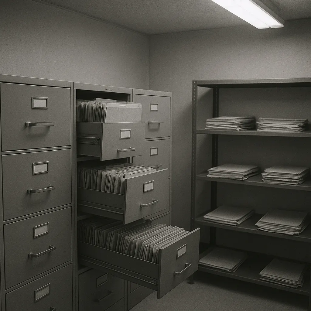 Hospital ward protocols and infection-control records filed for archival transfer, black-and-white photograph, 1978.