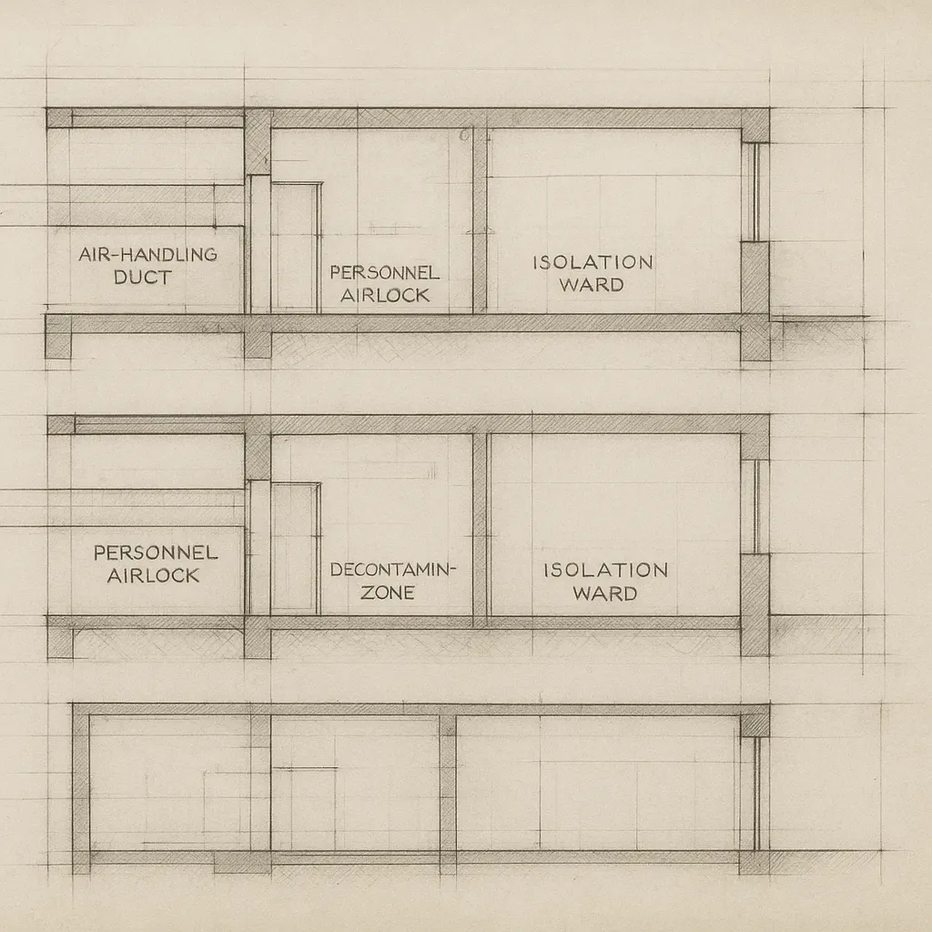 Clean ward design drawings, Cambridge, 1966-67. Architectural plans for asepsis maximalist facility.