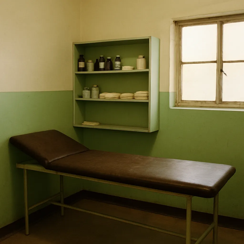 Rural health clinic, Tajikistan, mid-1990s. Concrete, paint, sparse medical supplies.