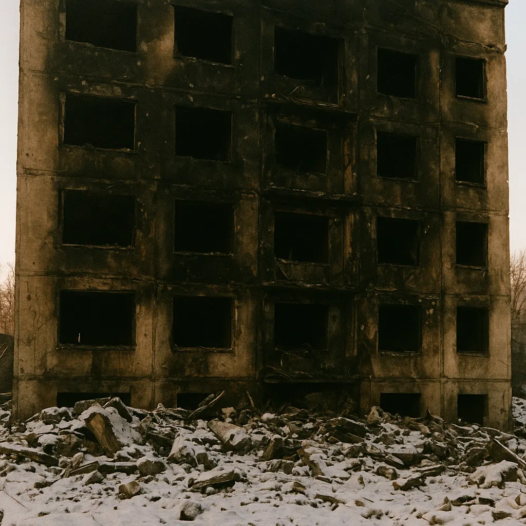 Damaged residential building in a Georgian town, aftermath of armed conflict, 1992.