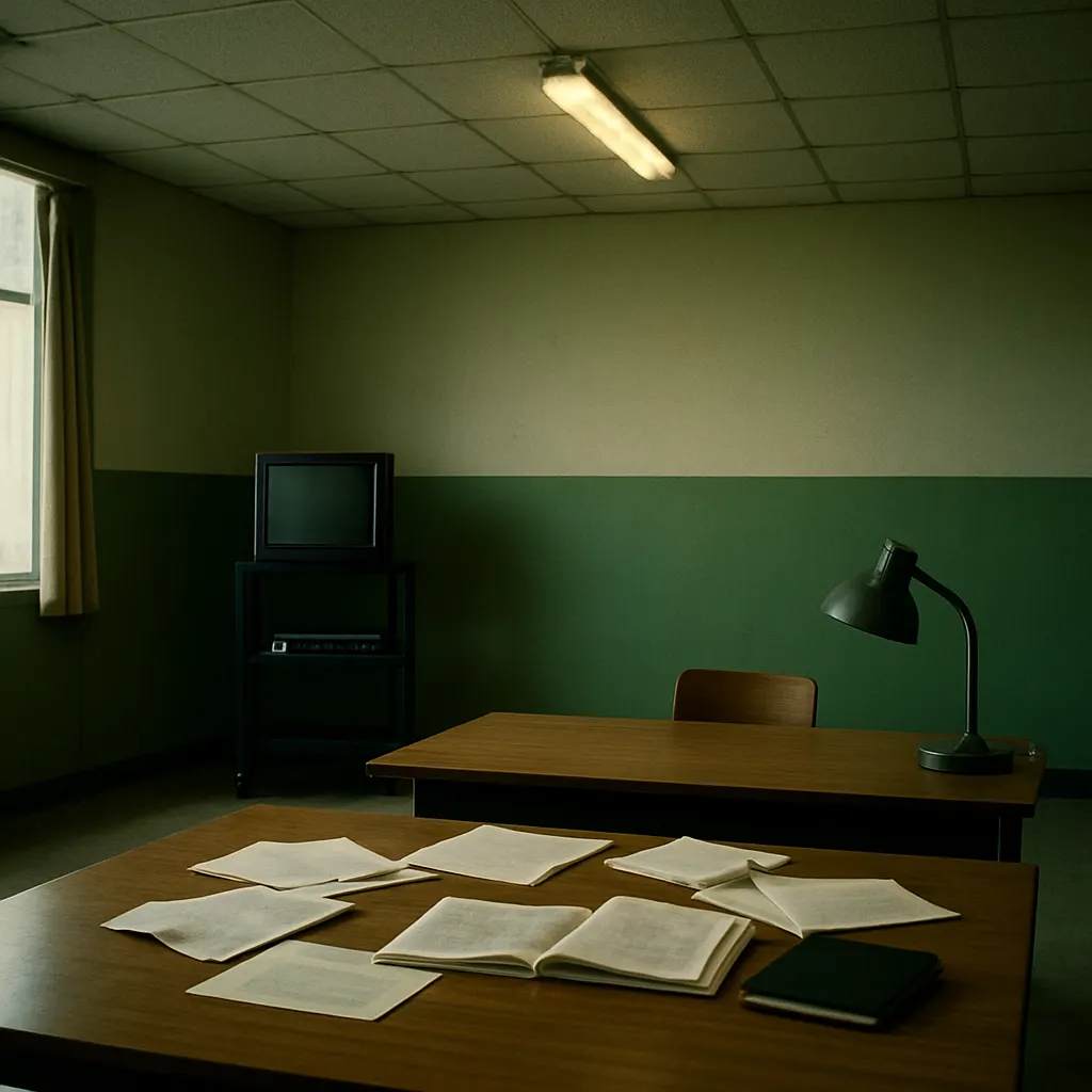 A university seminar room with A/V equipment. Photograph on colour film, 2003.