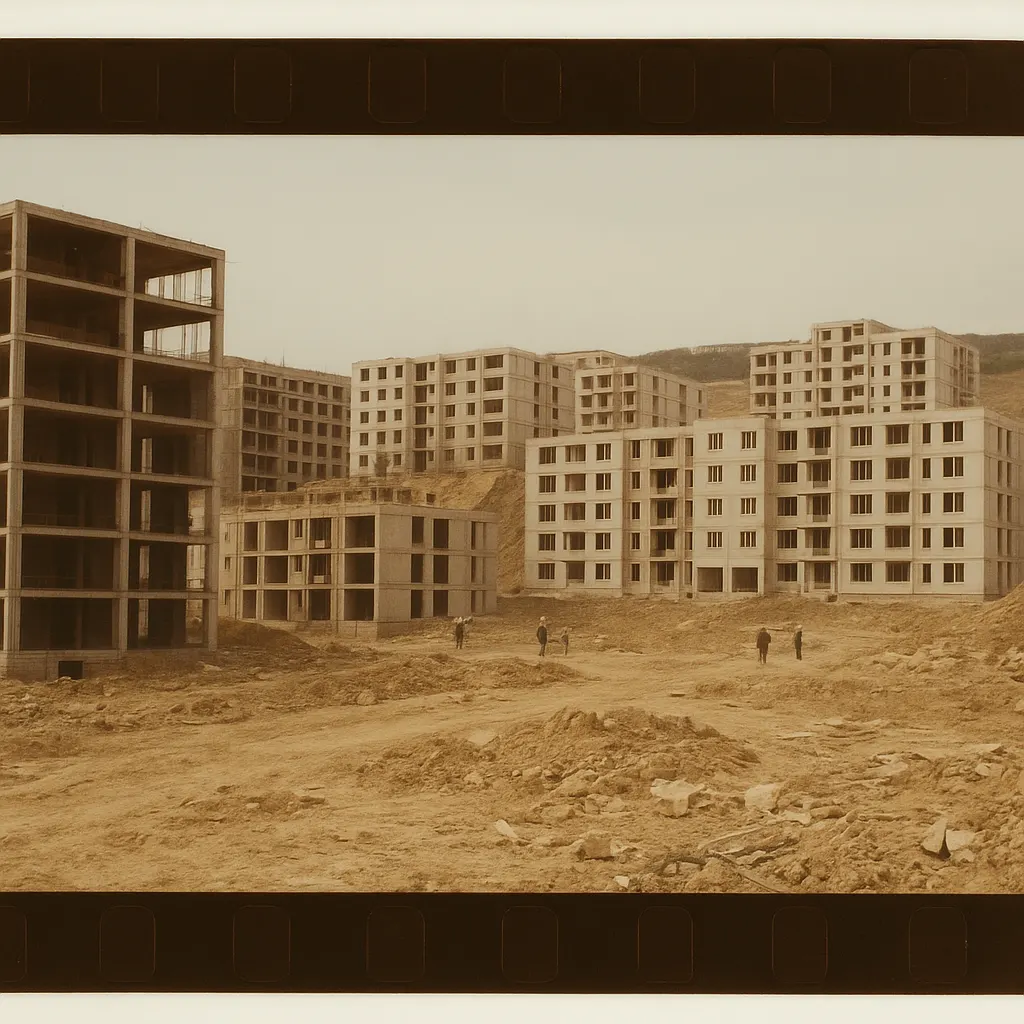 Residential construction sprawl in valley, Almaty. Photograph, 1998-2003.
