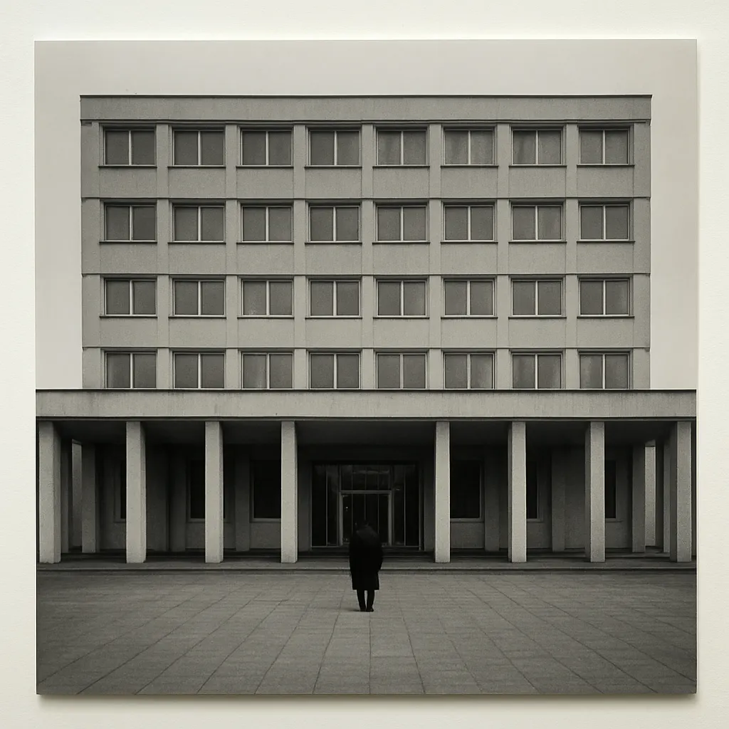 Exterior of the Berlin Teaching Hospital, completed 1965. Modernist concrete construction with standardized window arrays.