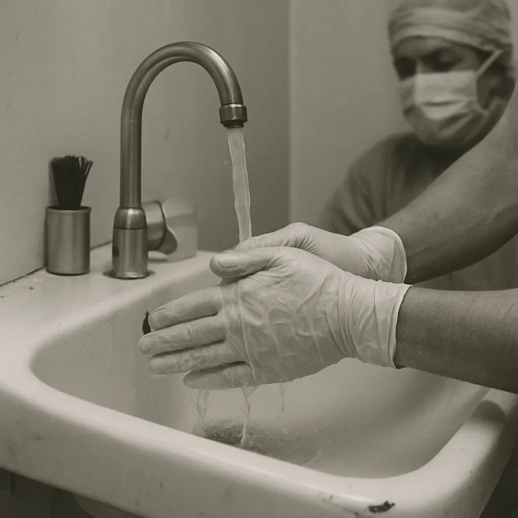 Surgical hand preparation with sterile gloves and brush, pre-operative protocol, circa 1958.